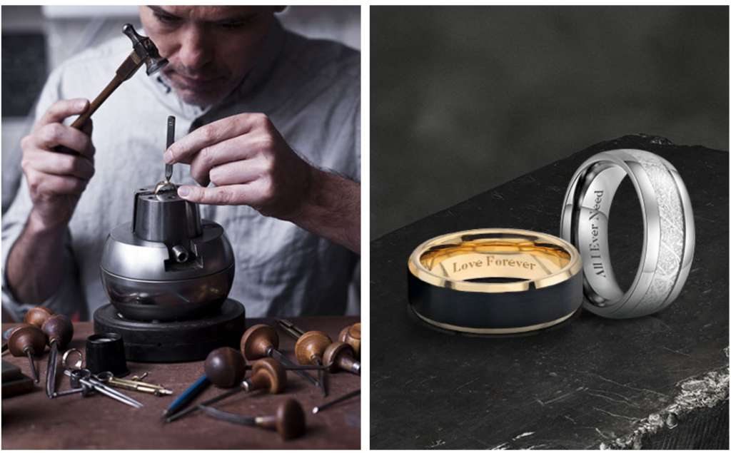 A close up shot of a person working on making a men's unique wedding ring with a chisel and hammer next to a shot of two wedding rings, one silver and the other black and gold